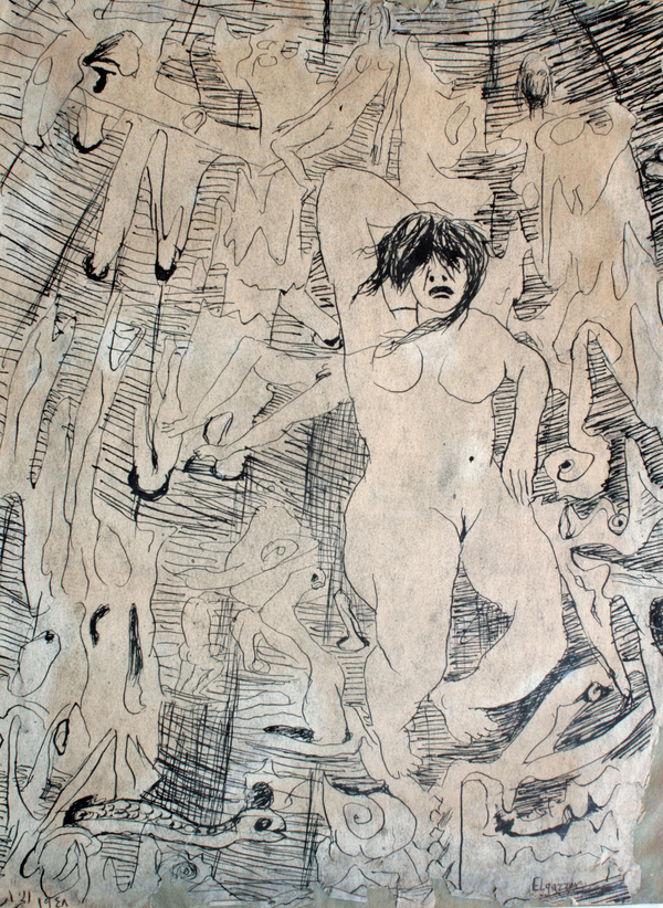 A fleshy naked woman is surrounded by surreal abstract forms. Her sketched body is rounded, her breasts exposed, and her eyes covered by thick bangs.