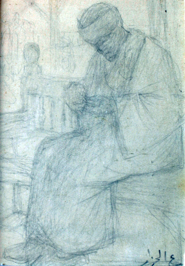 A sketch uses loose gestural strokes to capture a robed man sitting on a bench.