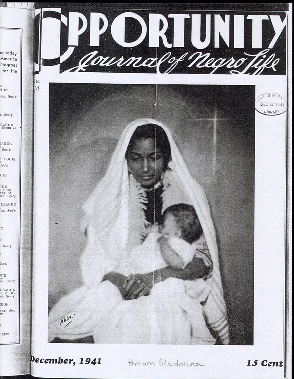 A black and white photo of a veiled black mother and child is printed on a magazine cover. The magazine is entitled "Opportunity" in blocky font with the subtitle "Journal of Negro Life" in script. The date, "December, 1941" is printed at the bottom.