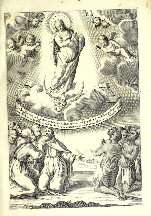 Etching of an ascending angel surrounded by cherubs, with monks and other men praying beneath her