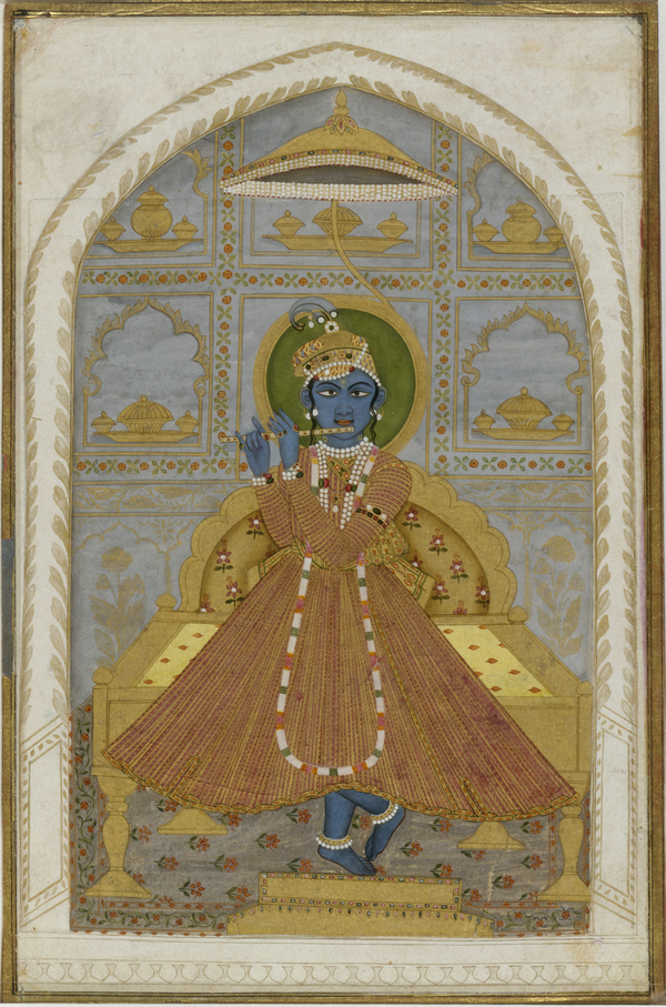 An ink and watercolor painting depicts the god Krishna wearing a triangular orange dress and playing the flute. Krishna's face is blue and his body is strung with pearls and jewelry. The image is contained within a semicircular niche drawn on the paper.