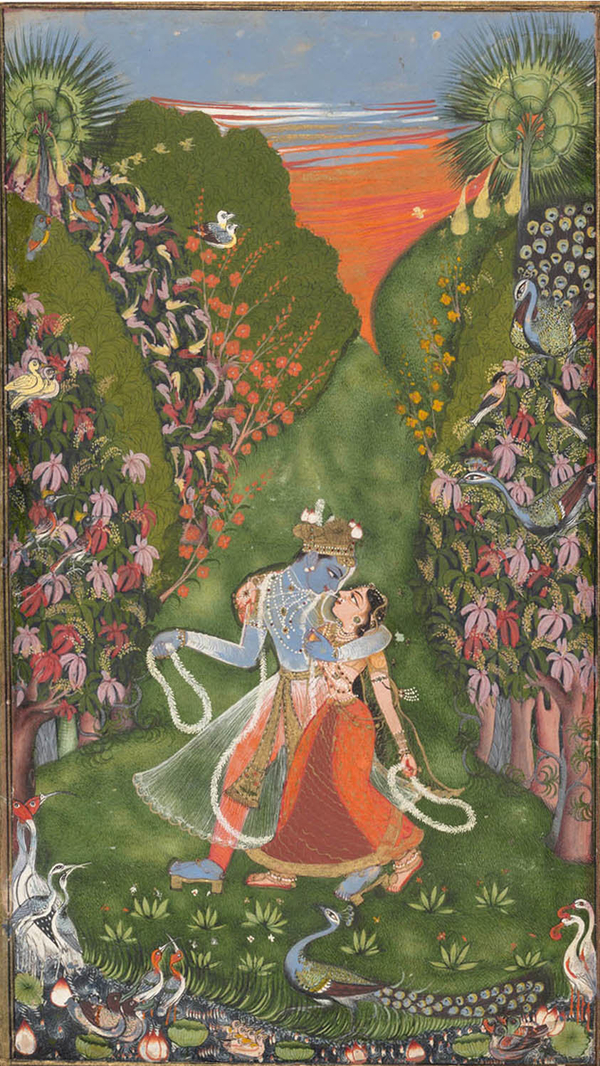 In this painting, the blue-colored Krishna grasps the light-skinned Radha close as they gaze into each other's eyes during a sunset walk. A multitude of birds and flowers fills out the verdent garden image, and a red and gold border frames the scene.
