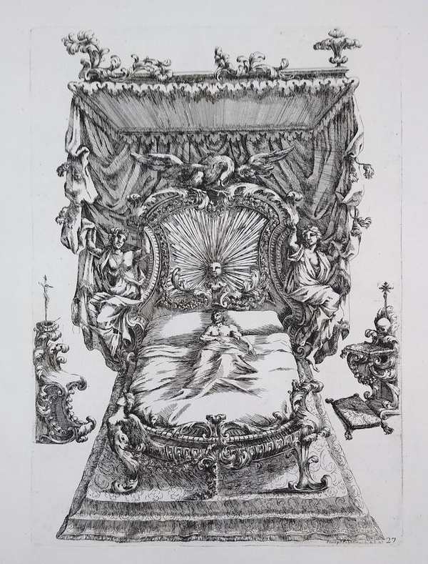 An engraving depicts a massive, fantastical silver bed in which a man sleeps. The bed has a draping canopy pulled open by two bare-chested women. A swan has alit on the headboard, which is decorated with a sun with a face.