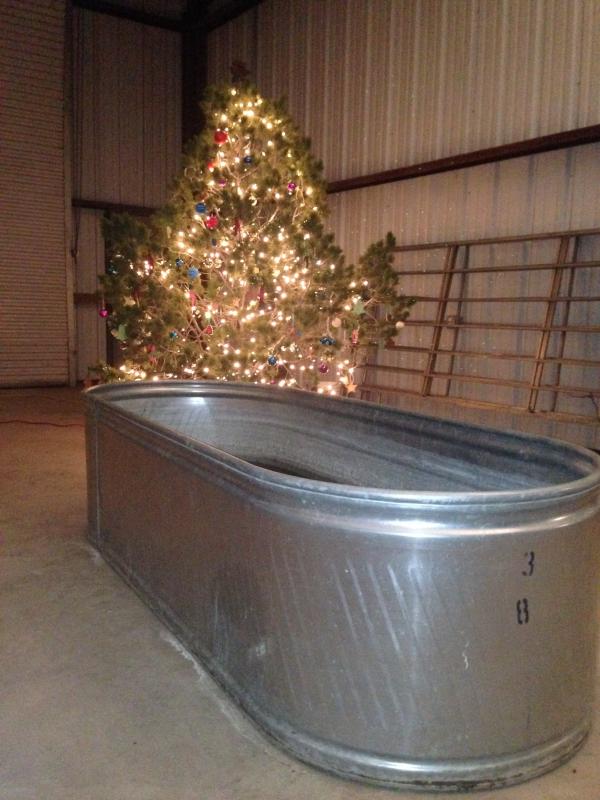 An oblong, silver metal trough stands in front of a bright Christmas tree.
