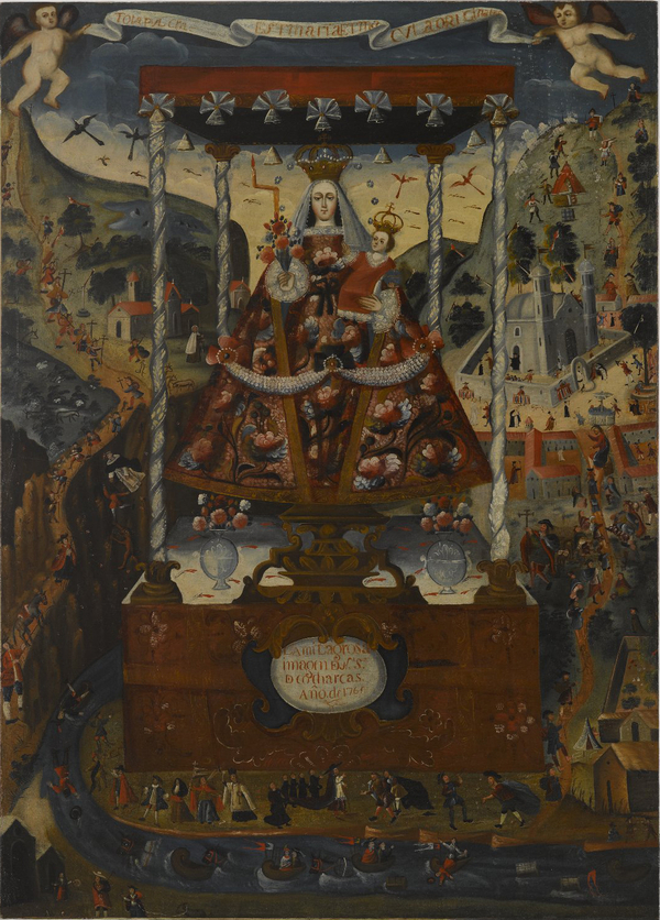 A triangular-shaped Virgin Mary in ornate robes holds the Christ child and stands in an elaborate baldachin. The icon looms large against a background of painted mountains, rivers, and processions of people traveling.