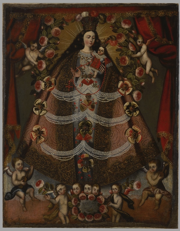 Angels bearing flowers and garlands surround a light-skinned Virgin Mary holding the Christ Child. Her voluminous gold robes give her a triangular form. The two figures are painted within a red-curtained interior. 
