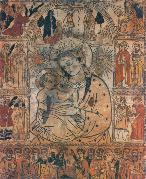 A woodcut depicts a female-figure holding a small, haloed child close. Hand-colored vignettes surround the group in delineated architectural spaces with patterned borders. The top vignette shows Mary at Christ's crucifixion. 