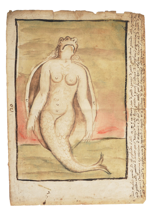 Ink drawing on aged yellow paper depicting a half woman, half fish creature 