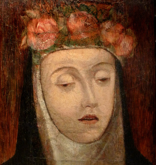 A light-skinned woman's lips are parted and her eyes just barely open in a portrait that includes a red floral headdress and religious habit.