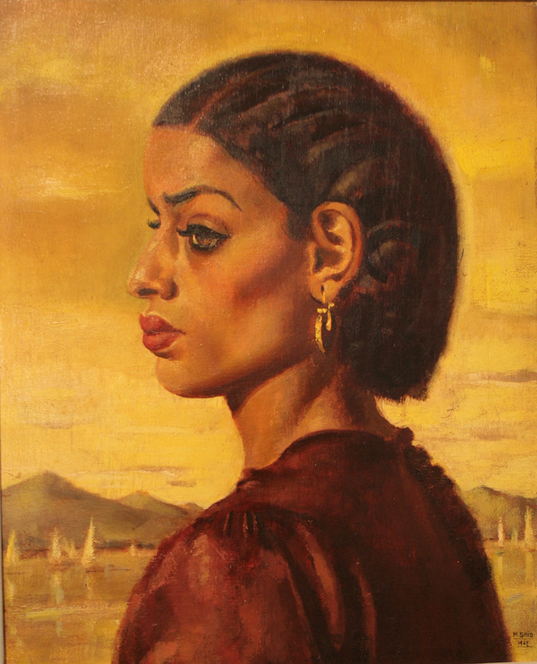 A portrait painting depicts a dark-skinned woman with cropped black hair sitting in profile. Her eyes are lined thickly and her lips painted red. A golden yellow backdrop includes sailboats.