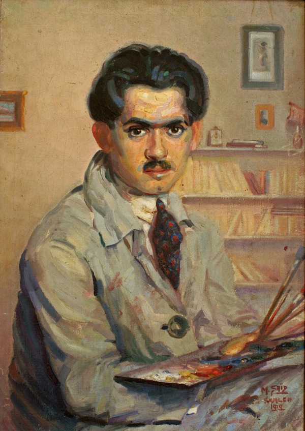 A tan-skinned man in a gray coat holds a painter's palette and brushes in a self-portrait. Loose brushstrokes depict the man's black hair and dark eyes, which stare out at the viewer.