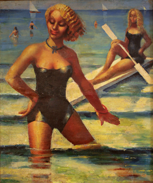 A tan-skinned woman wears a black one piece swimsuit in a painted seascape. She closes her eyes and places one hand on her hip while standing in the water. Another woman in a suit frolicks in the waters behind her among other playing figures.
