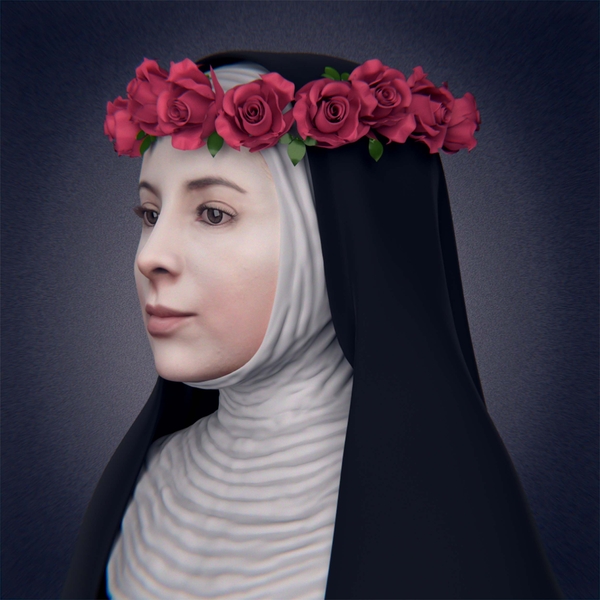 A crown of pink roses encircles the head of a light-skinned woman wearing a religious coif in this digital portrait.