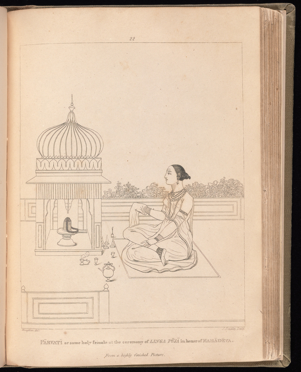 A book is opened to an engraving of a woman performing ritual devotion before an onion-dome shrine. She sits cross-legged with one cloth placed over her right hand. Incense is lit in front of the shrine.