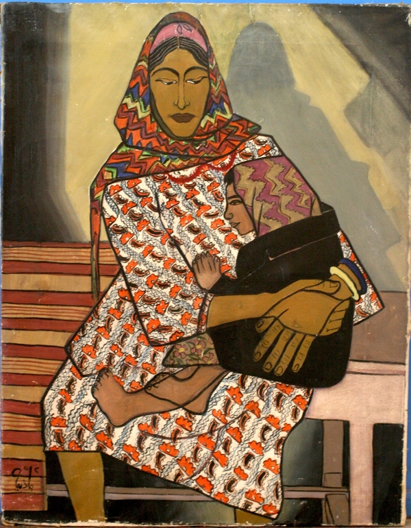 A tan-skinned woman with a colorful headscarf holds a child on her lap. She cradles the child close with oversized hands. Their dresses are colorfully patterned and their expressions peaceful.