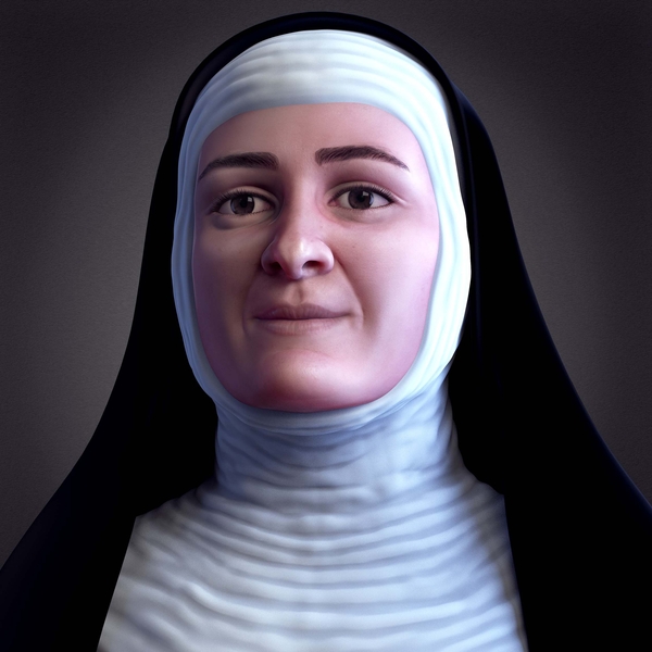 A woman with large brown eyes and a peaceful smile wears a nun's habit in this close-up digital portrait.