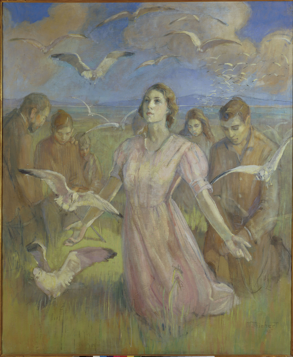 A painting depicts a young, light-skinned woman in a pink dress kneeling in grass. Seagulls fly all around her and up above in a blue sky dotted with clouds. Tan men and children kneel behind her.  