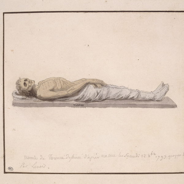 A watercolor depicts a thin corpse laying on a metal slab. His chest and face are uncovered but his legs are enrobed by white sheets.