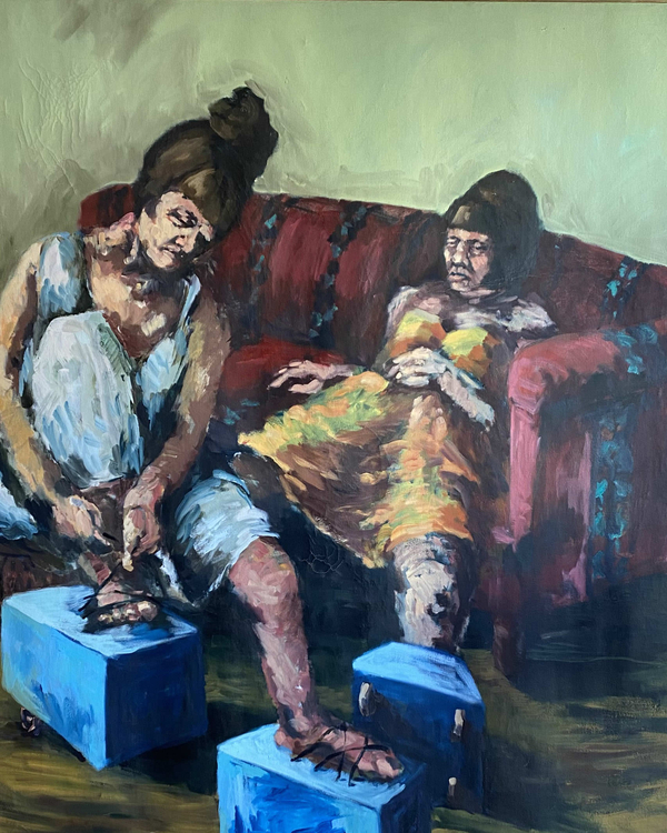 A painterly image shows two light-skinned women sitting on a couch with their feet attached to large blue blocks. One woman is holding the thread that ties her foot. It is unclear whether she is sewing herself in or pulling herself out of it.