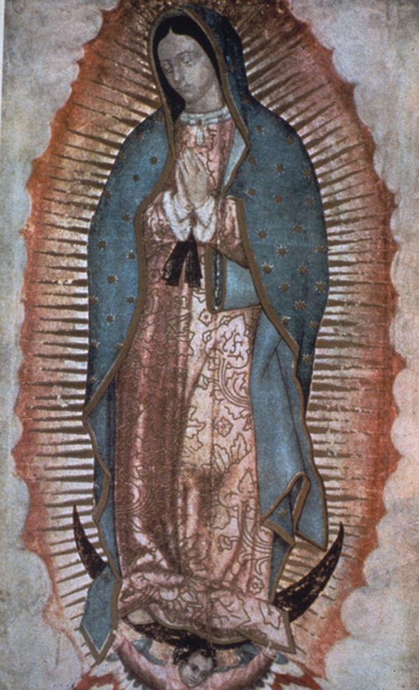 The tilma image of the Virgin of Guadalupe depicts a tan-skinned Mary in a mandorla sunburst with her hands in prayer. She wears a blue-green mantle with stars and stands on a crescent moon.