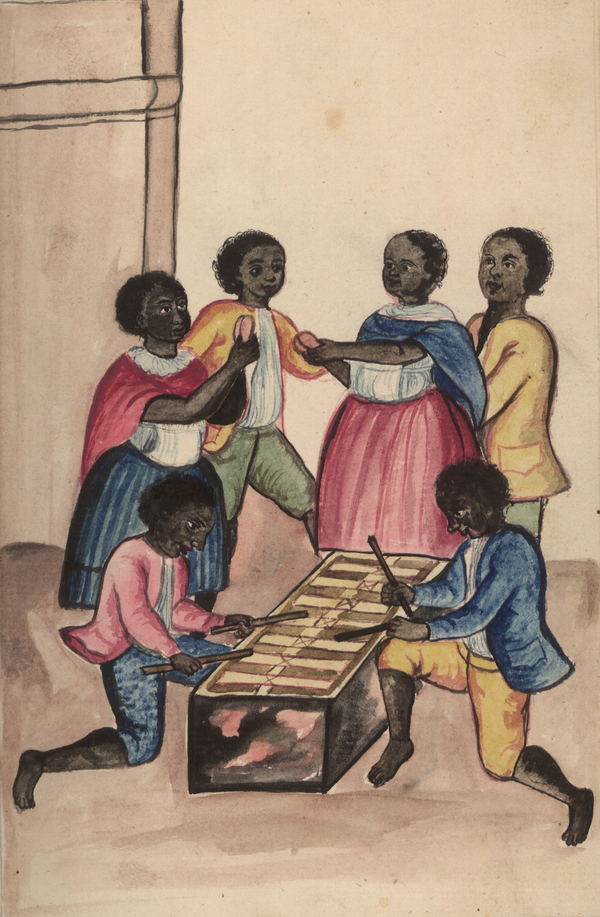 Six children with dark skin surround and play a percussion instrument 