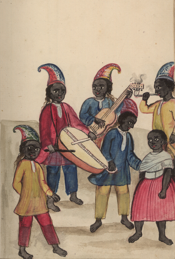 Six children with dark skin play musical instruments