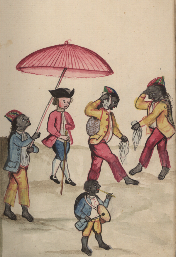 Four children with dark skin dance or play musical instruments while a child with light skin in military costume is shaded by a parasol.