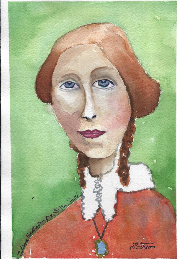 A watercolor depicts a light-skinned woman with a long neck and red braids. She is depicted from the chest up with a white collar, an orange dress, and blue necklace. She has large blue eyes and a calm expression.