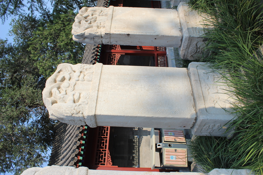 Monument with carvings and inscriptions sitting in grass