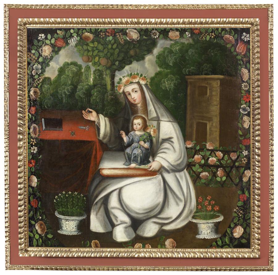 A light-skinned woman in billowing white robes holds a light-skinned child upon a cushion on her lap in this painting. Flowers and foliage abound around her in both the border and background of the painting as well as in her hair and the child's hand. 