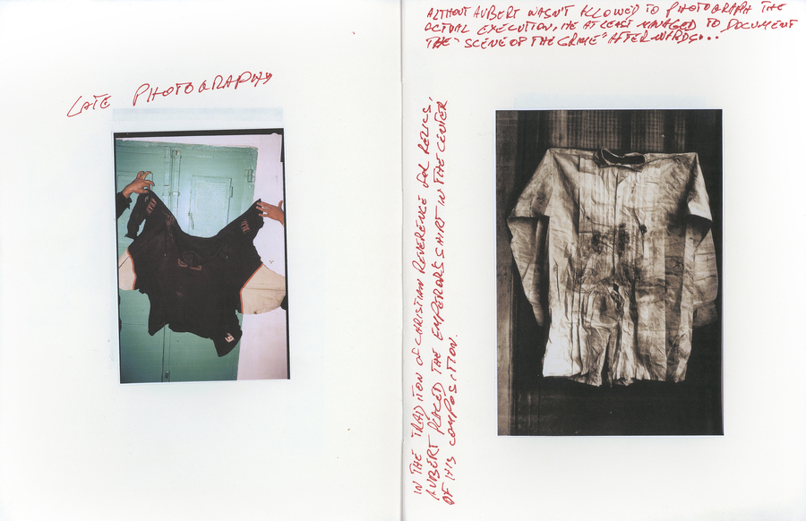 Two photos of bloodied garments are side-by-side and centered on a white background. Red, handwritten text scrawls around them with remarks on historical context. One photo looks older and yellowed.