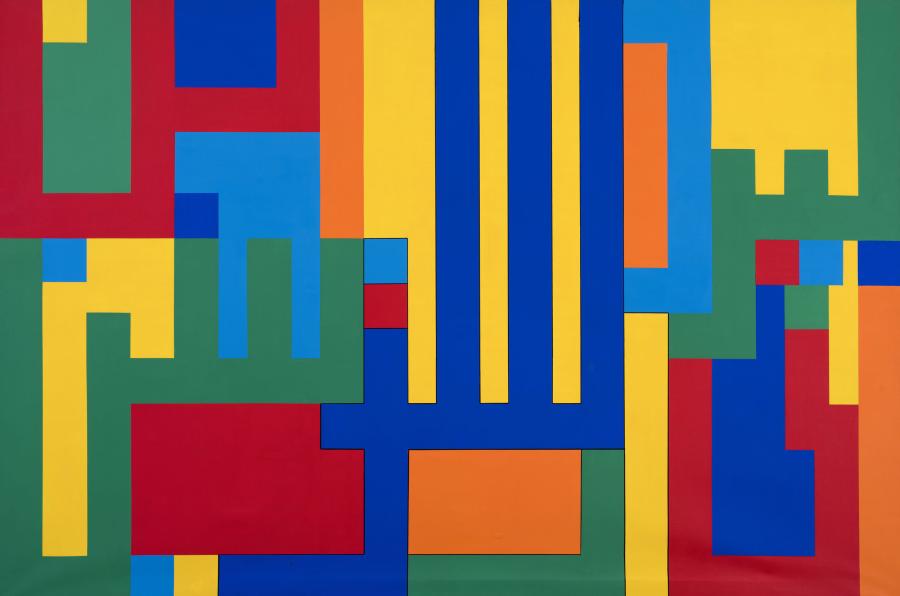 A colorful abstract work reimagines Islamic calligraphy using interlocking, bright chromatic blocks with sharp edges.