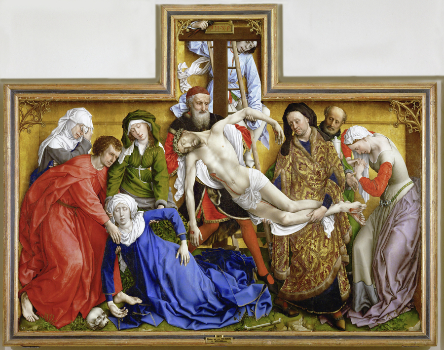 A panel painting depicts a pale, dead Christ being removed from a cross. A man climbs down a ladder behind the cross as Jesus is deposited among a vividly dressed group. A pale-faced woman in a blue dress swoons to the ground among the attendants.