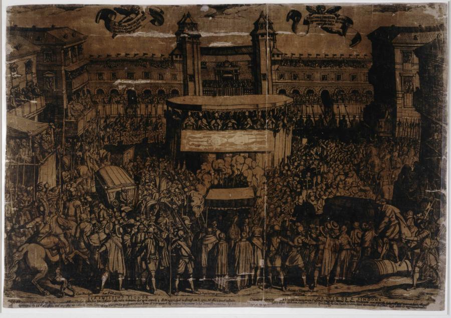 In a black print on a brown fabric, a throbbing mass of figures, horses, and wagons fills a square. They push close to a shroud at the center that displays two white bodyprints head to head. These prints are the front and the back impressions of a body.