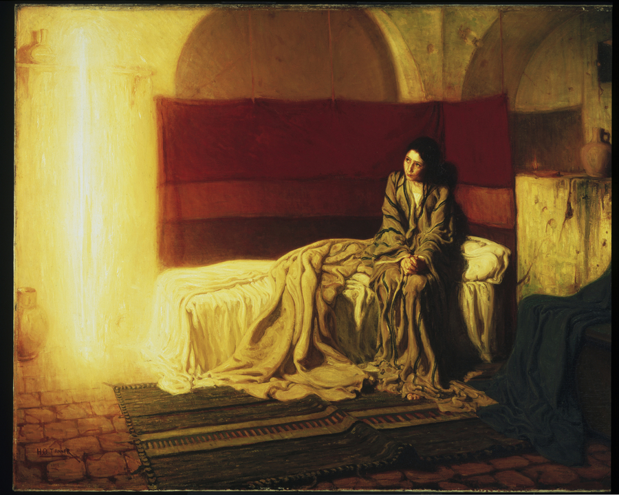 In this painting, the tan face of woman is illuminated by a shiny shaft of light floating in a room. The light fills the room with a wam color. It casts a glow on the woman's flowing gray robe as she sits on a bed of rumpled white blankets and sheets.