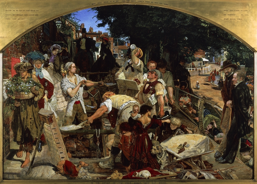 A busy painting captures a profusion of 19th century figures in one crowded section of the sunny street. Men dig trenches or toss back drinks. Women grasp babies, hand out pamphets, hold baskets of flowers, and stroll by with parasols.