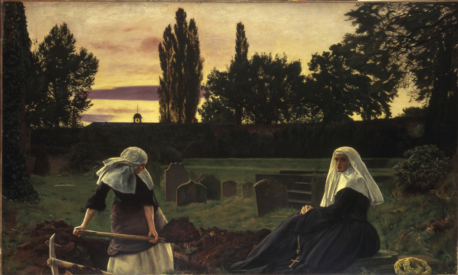 One nun stares out at the viewer from a painting of two nuns working in a tree-lined cemetery at sunset. The other nun labors with a pick and shovel digging a grave.