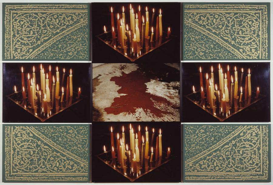 Five photographs and four silk-screened panels are arranged in a symmetrical three-by-three grid. Four of the photos show lit candles and they surround an image of blood. The silk-screened panels in the corners are green with gold, vegetal patterning.
