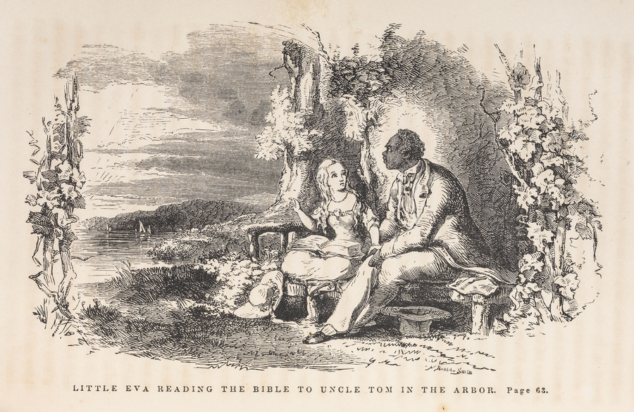 An illustration depicts a young, white girl in a gown sitting and reading to a black man in an arbor setting. A book lies on her lap and she grasps the man's hand.