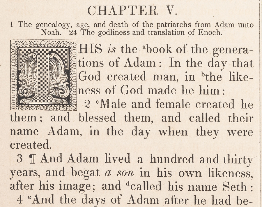 The ornamental initial letter of a page from chapter five of Genesis is a T. It is filled with a checkerboard pattern and decorative flourishes.