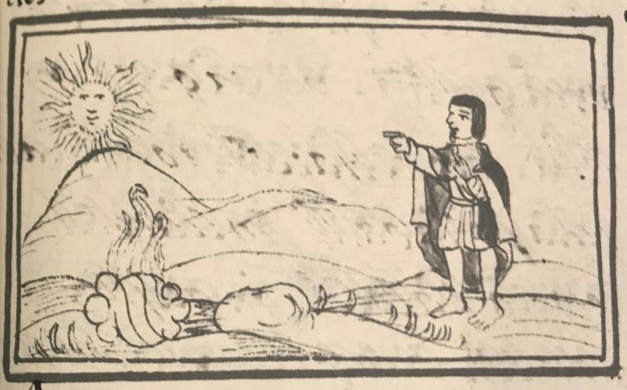 An illustration in a codex shows a tan-skinned man in a white robe seated on a green and blue landscape. He points up towards the sun, which has a face. Also visible on the ground is a rock emitting smoke.