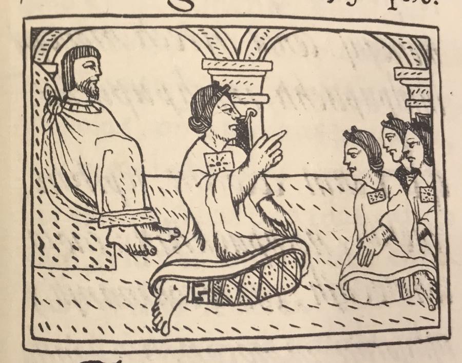 An illustration in a codex shows a robed noblewoman addressing a group by emitting a speech scroll from her lips and pointing to her listeners. The group is depicted in an architectural space with a colonnade.