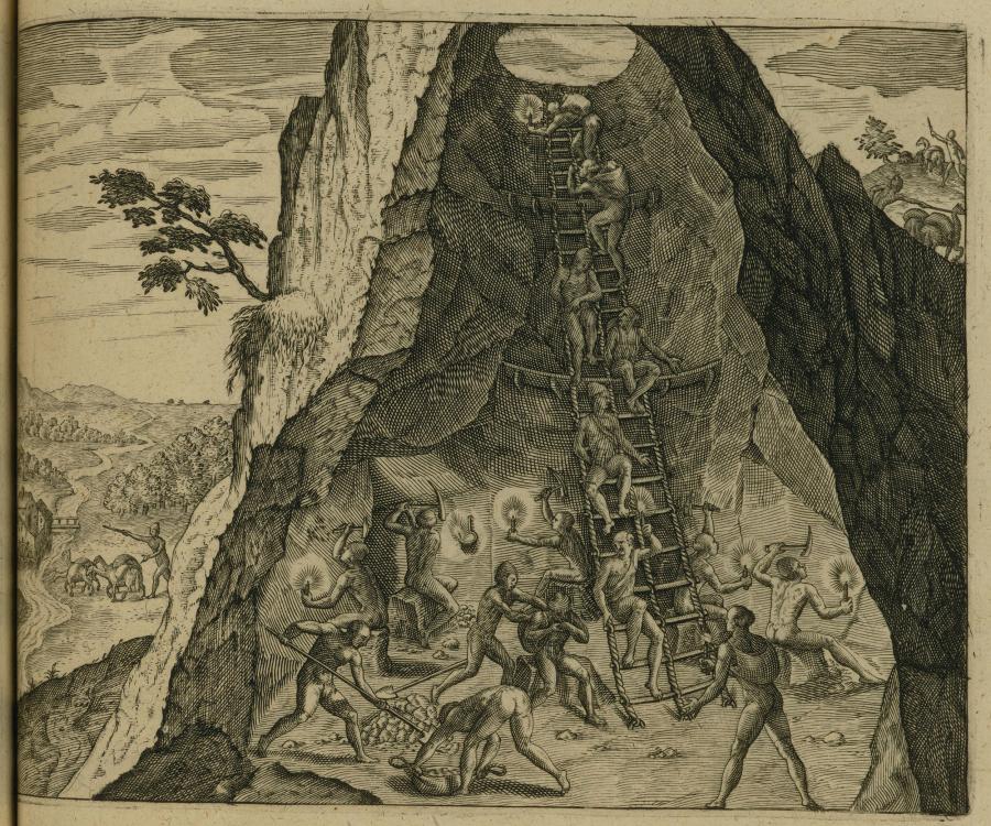 An engraving shows a cutaway of a silver mine. Naked, muscular men within labor by candlelight with picks and shovels. They are shown entering and exiting the mine on a long ladder.