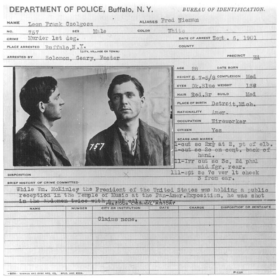 A rectangular card from the Buffalo Police Department includes frontal and profile portraits of a light-skinned man. A typed data form accompanies the black and white photos. It includes his name, body measurements, occupation, scars, and crimes.