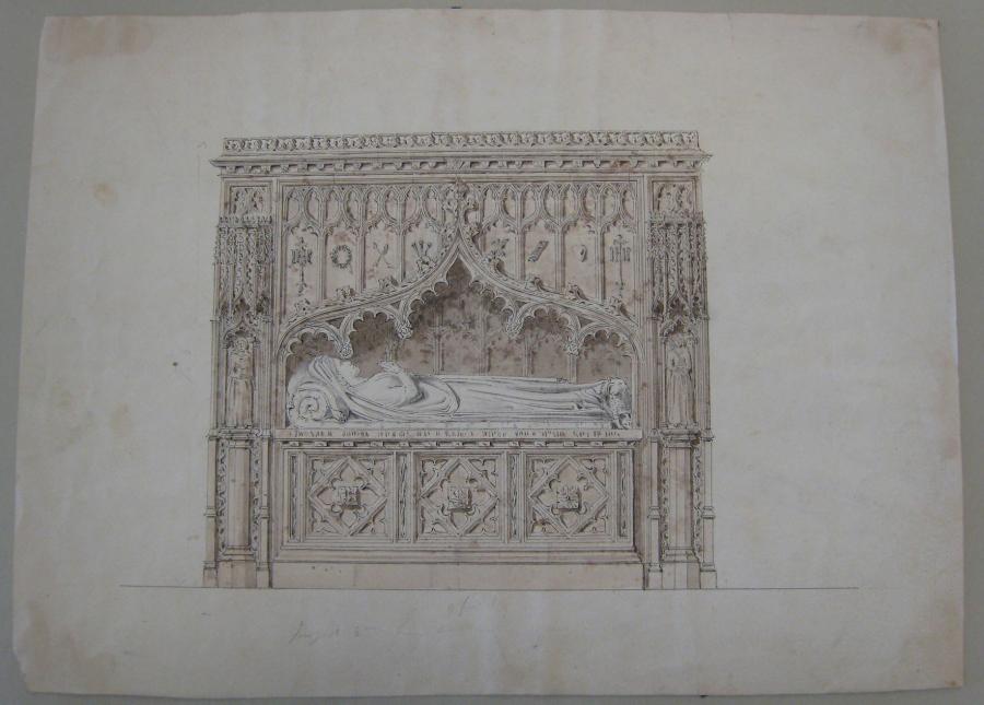 In a sketch of a square-shaped canopy tomb, a carved female effigy lies atop a decorative tomb chest and beneath the tracery of a carved canopy. Decorative jambs on either side of the tomb are designed with sculpture inside.