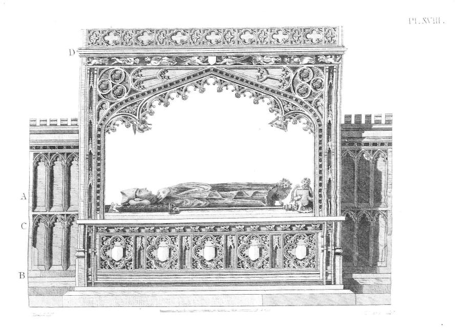 Geometric designs, quatrefoils, and angels decorate the canopy and tomb chest of black and white illustration of a canopy tomb and effigy. The letters A-D label different parts.
