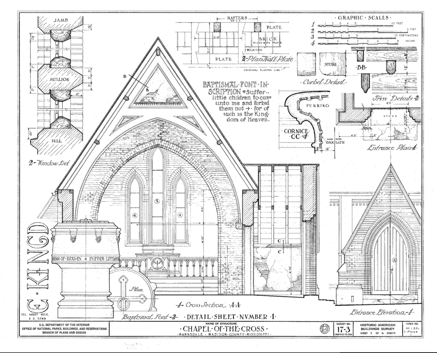 A black and white illustration depicts a collection of different elements present at a church chancel. It delineates a baptismal font with an inscription, an entrance with pointed doors and arches, and a cross section of the chancel with pointed windows.