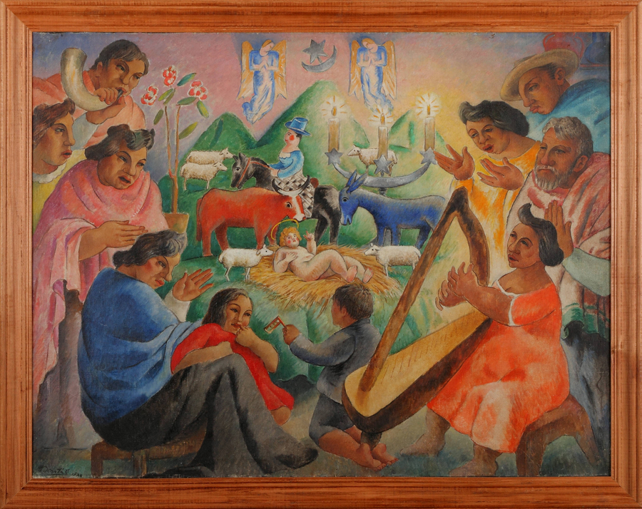 Medium-dark skinned men and women dressed in bright clothes gather in the foreground of a painting of the Christ child. They clap and play instruments. The blonde and light-skinned Christ lies on a bed of hay with animals gathered about him.