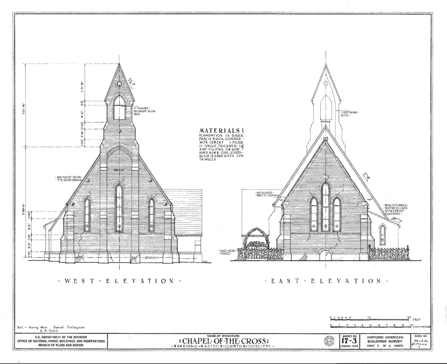 An architectural plan depicts vertical cross sections of a gabled church. It includes pointed arches and windows and a bell tower. A small text box lists materials used in the building as brick and cement.    