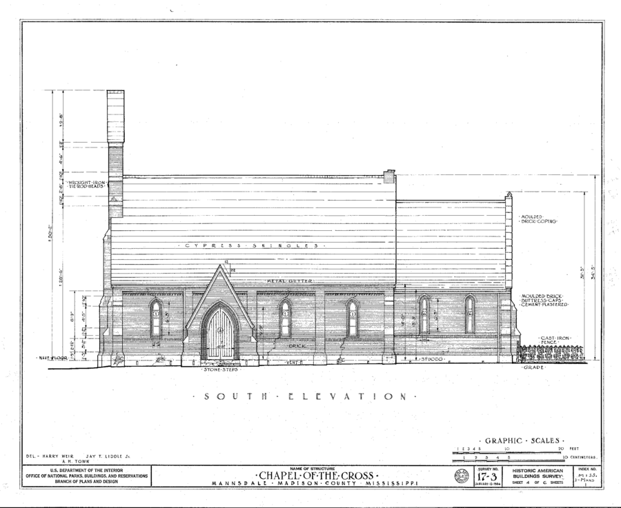 An architectural illustration renders the horizontal axis of a building. The nave has a gabled roof and is extended by a church porch at the front. Text names the materials used. Gutter, shingles, brick, cement, and shingles are labelled on the model.